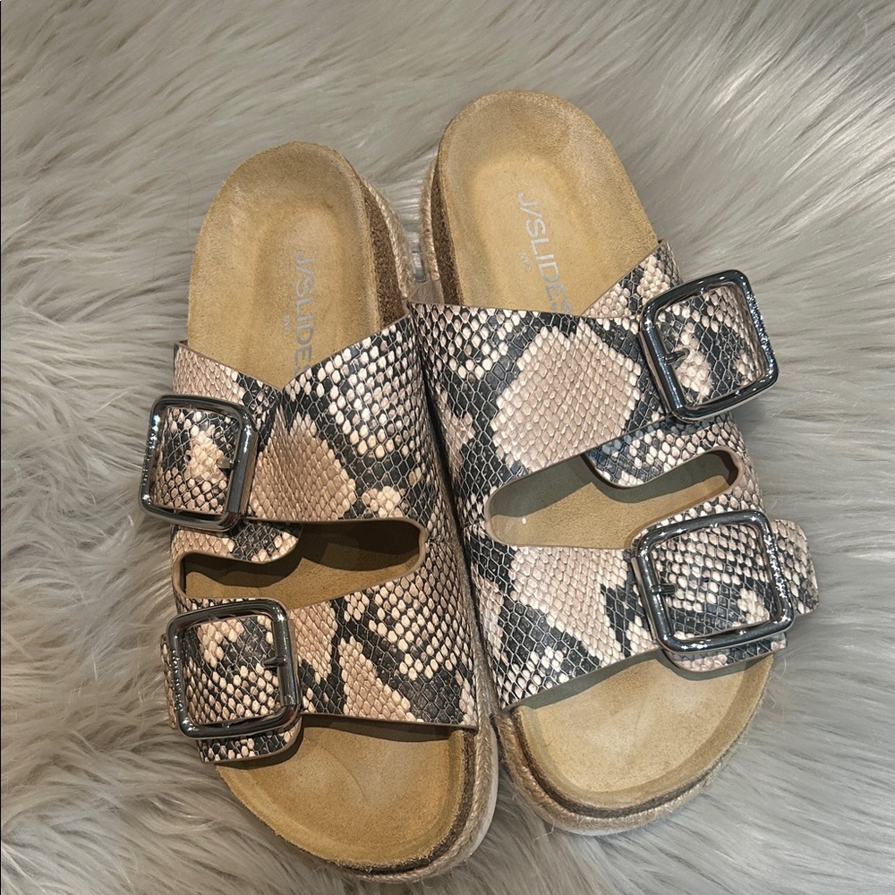 J/SLIDES Snakeskin Buckle Sandals